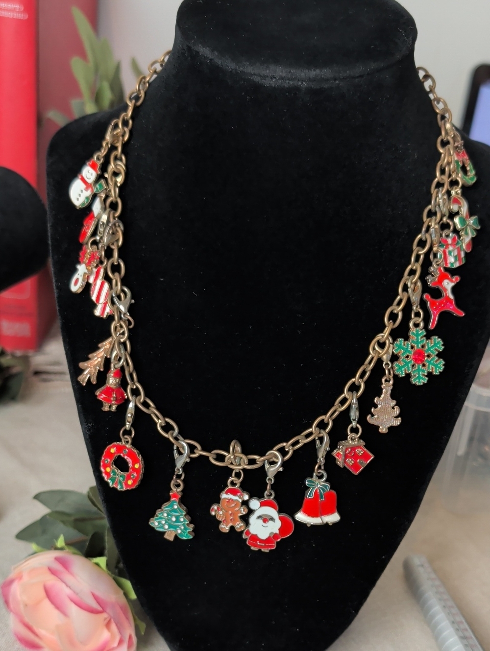 Vintage Christmas Charm Necklace Eclectic Holiday Charm Necklace Whimsical